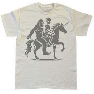 Bigfoot Alien Riding Unicorn Unisex White T-shirt